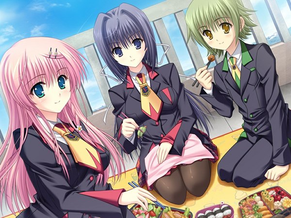 Anime picture 1024x768 with maximum magic: quirk of destiny myriam alnilam themis beid aneer izar blue eyes black hair multiple girls yellow eyes pink hair game cg green hair girl boy 2 girls serafuku food