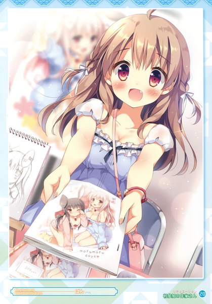 Anime picture 2378x3401 with original pan (mimi) single long hair tall image looking at viewer blush highres open mouth light erotic red eyes brown hair holding scan girl dress bag handbag