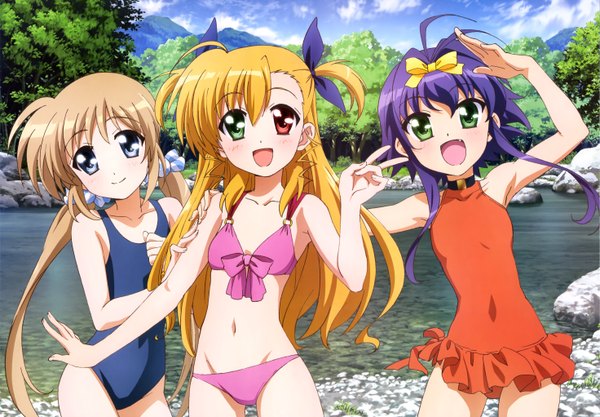 Anime picture 5882x4088 with mahou shoujo lyrical nanoha nyantype takamachi vivio corona timir rio wezley long hair looking at viewer highres open mouth blue eyes blonde hair multiple girls green eyes blue hair absurdres official art loli heterochromia girl navel