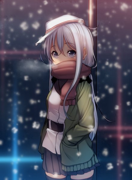 Anime picture 880x1200 with kantai collection hibiki destroyer verniy destroyer kiyomin single long hair tall image looking at viewer fringe blue eyes hair between eyes white hair snowing winter exhalation covered mouth hand in pocket girl thighhighs skirt