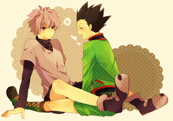 Anime picture 1200x840 with hunter x hunter killua zaoldyeck gon freaks washi (micino) blush short hair open mouth simple background blonde hair sitting purple eyes pink hair eyes closed multiple boys legs boy shorts boots