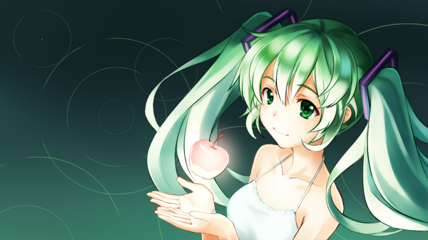 Anime picture 1920x1080 with vocaloid hatsune miku ame no uta (aria-rain) single long hair highres wide image twintails bare shoulders green eyes aqua hair girl sundress apple