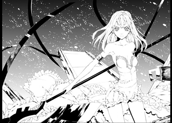 Anime picture 1000x713 with original justminor single long hair looking at viewer simple background bare shoulders holding white hair grey background sleeveless white eyes girl ribbon (ribbons) weapon frills spear scythe