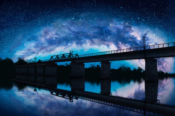 Anime picture 1920x1280 with original liwei191 highres cloud (clouds) night night sky reflection no people river milky way plant (plants) tree (trees) water star (stars) bridge railways