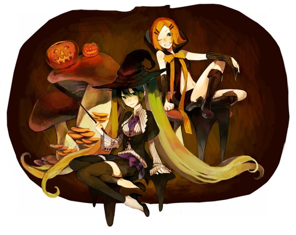 Anime picture 1400x1113 with vocaloid hatsune miku kagamine rin gou (tomero) long hair blonde hair twintails multiple girls very long hair one eye closed green hair wink halloween cosplay girl thighhighs hair ornament 2 girls boots hood