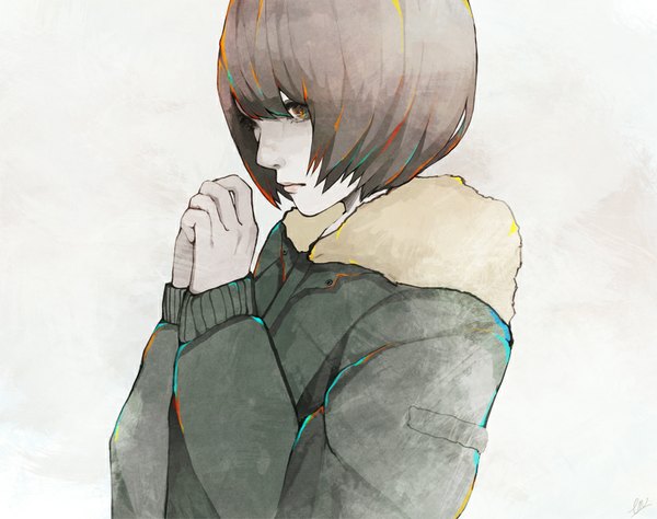 Anime picture 900x712 with original nanakawa (nanasoon) single fringe short hair simple background brown hair brown eyes looking away grey background bob cut girl jacket