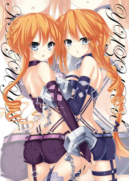Anime picture 1422x2000 with date a live yamai yuzuru yamai kaguya sigemi long hair tall image looking at viewer blush breasts open mouth blue eyes light erotic bare shoulders multiple girls orange hair drill hair silver eyes zoom layer girl thighhighs