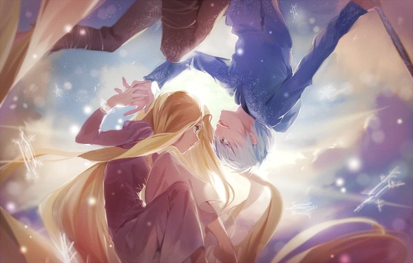 Anime picture 1133x722 with tangled rapunzel (grimm) disney jack frost (rise of the guardians) rapunzel pugeum short hair open mouth blonde hair green eyes white hair very long hair barefoot holding hands snowing winter eye contact upside down weightlessness rotational symmetry