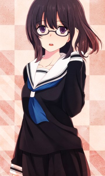 Anime picture 1052x1754 with original laco soregashi single tall image short hair black hair purple eyes checkered background girl uniform school uniform glasses