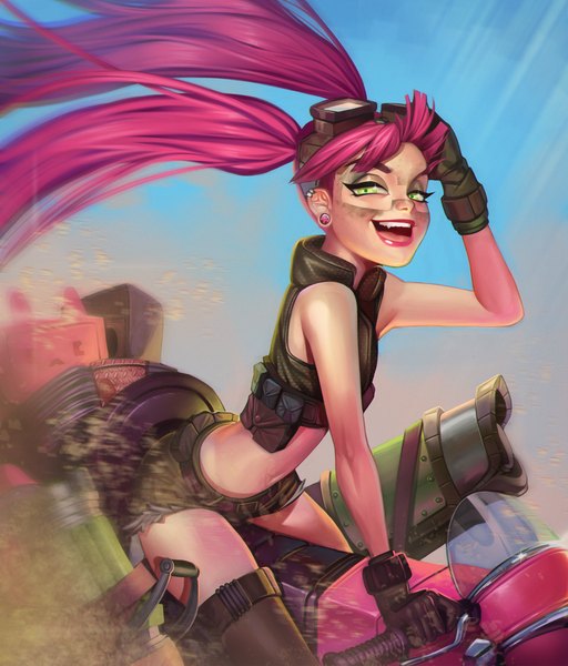 Anime picture 900x1055 with league of legends jinx (league of legends) raspbearyart single long hair tall image looking at viewer open mouth smile twintails green eyes pink hair piercing girl thighhighs gloves black thighhighs shorts short shorts goggles