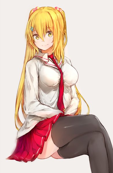 Anime picture 2300x3530 with original silver (chenwen) single long hair tall image looking at viewer fringe highres breasts simple background blonde hair smile hair between eyes large breasts white background twintails yellow eyes bent knee (knees) pleated skirt zettai ryouiki