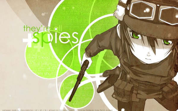 Anime picture 1920x1200 with kino no tabi kino (kino no tabi) lisz single highres short hair wide image green eyes derivative work girl uniform weapon hat gun goggles flat cap fanny pack