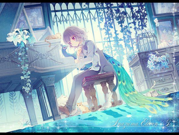 Anime picture 1000x758 with inazuma eleven inazuma eleven go inazuma eleven go chrono stone shindou takuto fruit punch short hair sitting looking away tail eyes closed pink eyes grey hair sparkle framed game boy flower (flowers) animal shirt bird (birds)