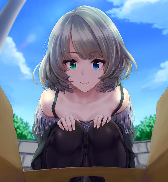 Anime picture 1300x1402 with idolmaster idolmaster cinderella girls takagaki kaede infinote single tall image looking at viewer fringe short hair blue eyes smile green eyes sky cloud (clouds) bent knee (knees) outdoors lips grey hair mole from below