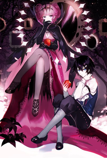 Anime picture 1500x2211 with snow white and the seven dwarfs original snow white the evil queen juexing (moemoe3345) tall image looking at viewer fringe short hair blue eyes black hair hair between eyes sitting purple eyes pink hair full body bent knee (knees) long sleeves puffy sleeves crossed legs