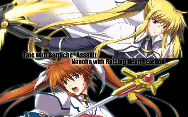 Anime picture 1920x1200 with mahou shoujo lyrical nanoha mahou shoujo lyrical nanoha strikers fate testarossa takamachi nanoha long hair highres blonde hair red eyes brown hair wide image twintails multiple girls black eyes inscription black background girl bow weapon 2 girls hair bow