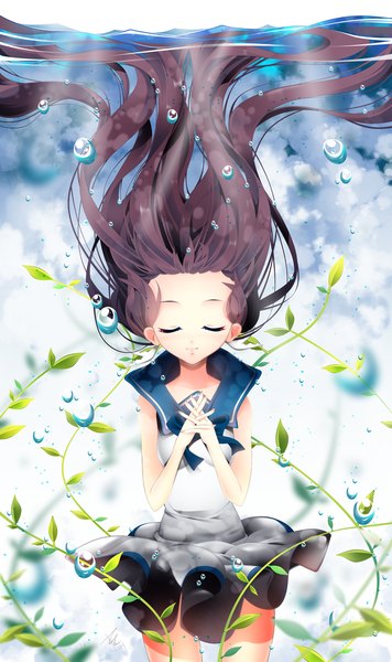 Anime picture 750x1262 with nagi no asukara p.a. works mukaido manaka l-edogawa single long hair tall image black hair eyes closed underwater girl dress uniform serafuku bubble (bubbles)