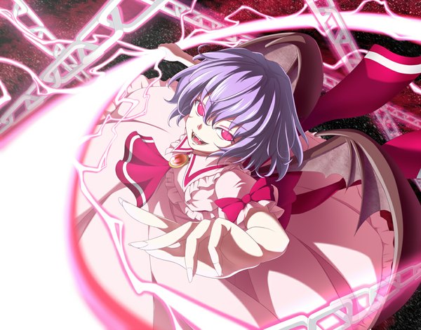Anime picture 1120x880 with touhou remilia scarlet mount whip single looking at viewer fringe short hair open mouth hair between eyes purple hair pink eyes from above fang (fangs) magic vampire girl dress wings chain spear the gungnir