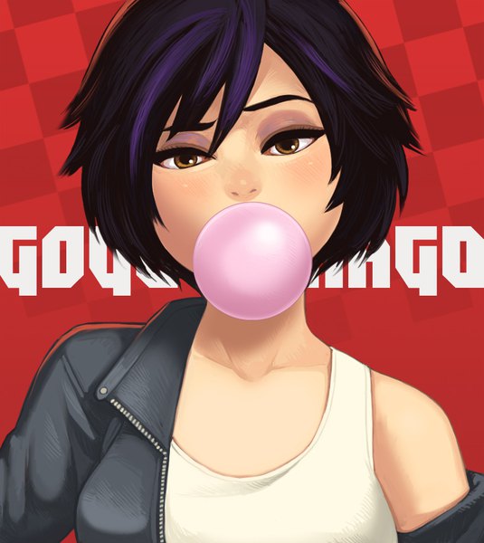 Anime picture 803x900 with big hero 6 disney gogo tomago (big hero 6) maou alba single tall image looking at viewer blush short hair black hair brown eyes purple hair upper body multicolored hair off shoulder two-tone hair character names portrait eyebrows eyeshadow