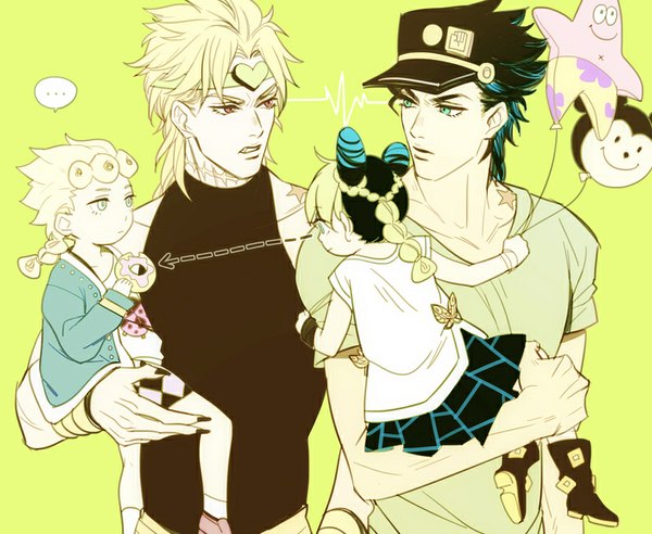 Anime picture 850x698 with jojo no kimyou na bouken spongebob squarepants kujo jotaro dio brando kujo jolyne giorno giovanna patrick star ginmu short hair black hair simple background blonde hair red eyes looking away braid (braids) nail polish multicolored hair aqua eyes mole two-tone hair