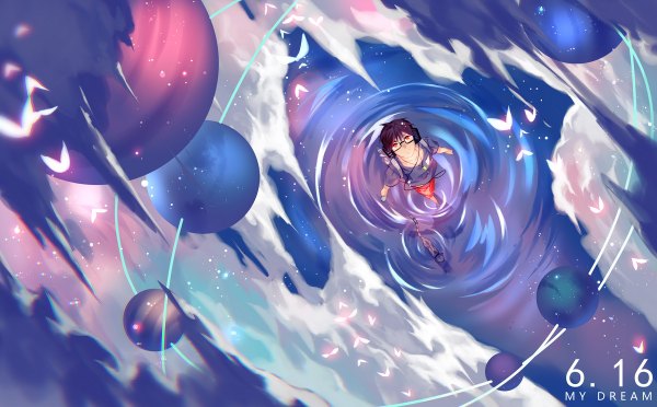 Anime picture 1200x744 with original joseph lee looking at viewer short hair smile red eyes wide image standing purple hair from above reflection spread arms boy animal water headphones pendant insect butterfly star (stars)