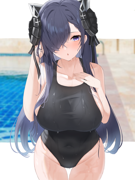 Anime picture 2048x2732 with azur lane august von parseval (azur lane) futon fly away single long hair tall image looking at viewer blush fringe highres breasts open mouth light erotic standing purple eyes blue hair head tilt arm up horn (horns) blurry