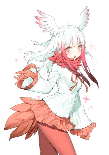 Anime picture 1000x1414 with kemono friends crested ibis (kemono friends) ronopu single long hair tall image looking at viewer fringe breasts yellow eyes white hair red hair tail blunt bangs pleated skirt wide sleeves fur trim gradient hair head wings asymmetrical hair