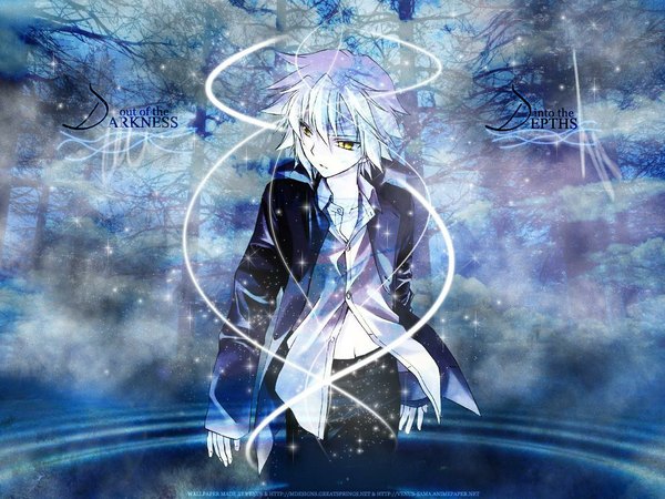 Anime picture 1024x768 with spiral mizushiro hizumi mizuno eita mdesigns single fringe short hair hair between eyes signed yellow eyes looking away white hair sparkle sleeves past wrists blue background third-party edit bare tree boy navel plant (plants)