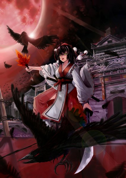 Anime picture 2480x3507 with touhou shameimaru aya b1944 single tall image highres short hair open mouth black hair yellow eyes miko red moon girl weapon animal sword bird (birds) katana feather (feathers) fan