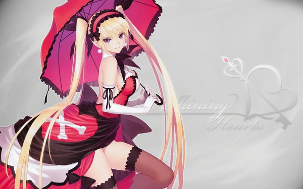 Anime picture 1680x1050 with shining (series) shining hearts mistral nereis tony taka long hair blonde hair wide image purple eyes twintails girl thighhighs dress gloves earrings elbow gloves umbrella