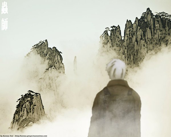 Anime picture 1280x1024 with mushishi ginko single short hair signed outdoors white hair rock fog polychromatic boy