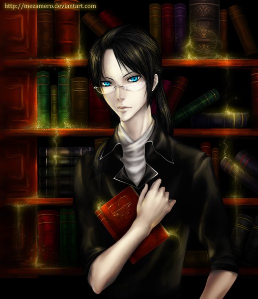 Anime picture 1500x1735 with original mezamero single tall image short hair blue eyes black hair ponytail indoors boy glasses book (books) library