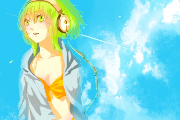 Anime picture 1200x800 with vocaloid gumi hebi (yurari) short hair open mouth green eyes cleavage green hair blue background girl headphones wire (wires)