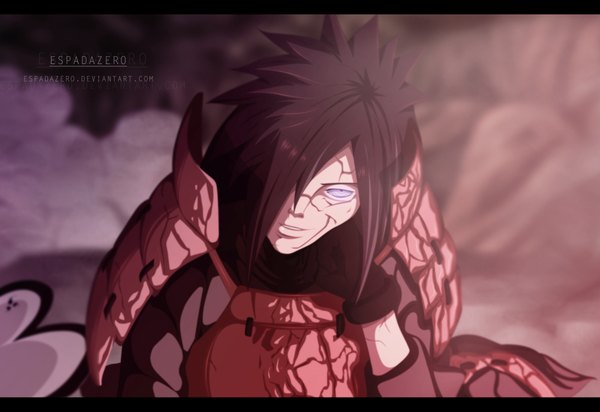Anime picture 4000x2750 with naruto studio pierrot naruto (series) uchiha madara espadazero single long hair fringe highres black hair smile purple eyes absurdres hair over one eye arm support coloring letterboxed rinnegan boy gloves