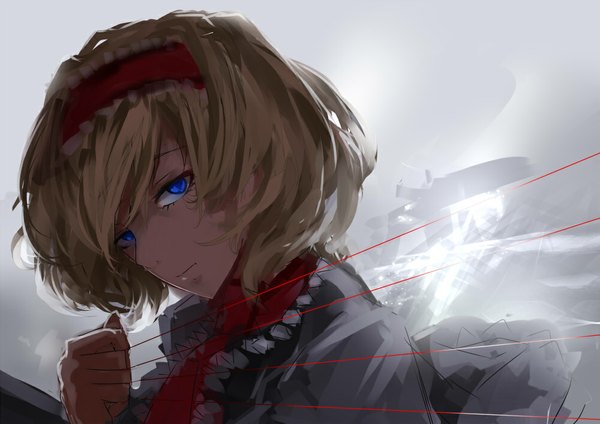 Anime picture 1000x707 with touhou alice margatroid chiruru96 single looking at viewer fringe short hair blonde hair smile purple eyes holding girl hairband thread red thread