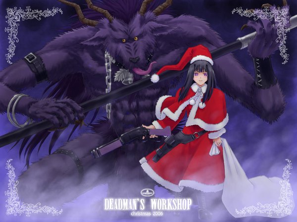 Anime picture 1024x768 with original iga tomoteru single long hair looking at viewer black hair standing pink eyes christmas 2006 girl weapon hat bracelet gun chain santa claus hat santa claus costume monster pom pom (clothes)