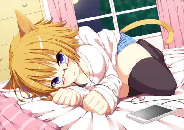 Anime picture 1697x1200 with original papino single looking at viewer blush fringe short hair breasts open mouth light erotic blonde hair large breasts purple eyes animal ears cleavage tail lying animal tail cat ears night
