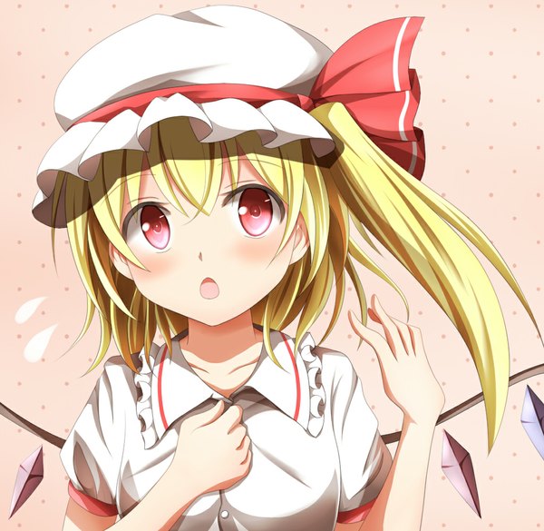 Anime picture 1024x999 with touhou flandre scarlet kuroganeruto single blush short hair open mouth blonde hair red eyes upper body ponytail short sleeves puffy sleeves side ponytail girl ribbon (ribbons) hair ribbon wings