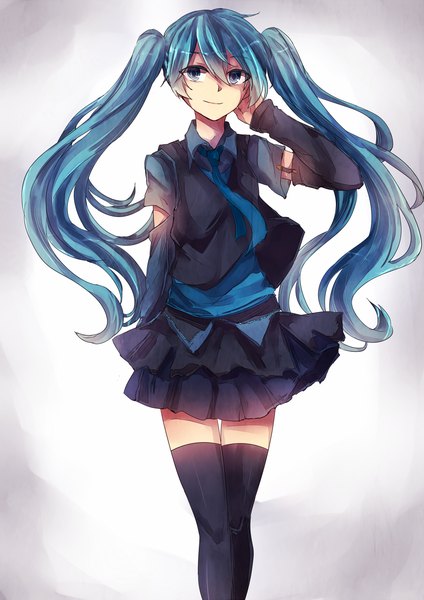 Anime picture 919x1300 with vocaloid hatsune miku ringomaru single long hair tall image simple background smile twintails looking away aqua eyes aqua hair grey background girl thighhighs black thighhighs detached sleeves