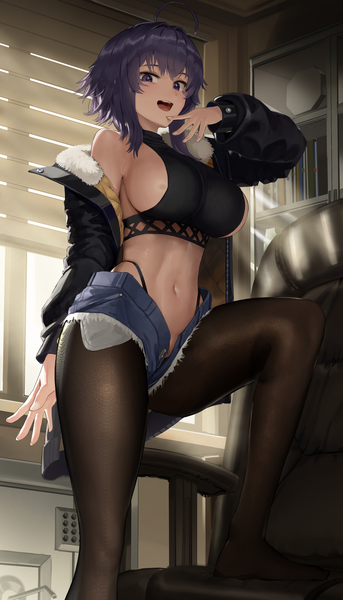Anime picture 1800x3150 with original goback single tall image looking at viewer fringe highres short hair breasts open mouth light erotic smile hair between eyes large breasts standing purple eyes purple hair ahoge indoors long sleeves