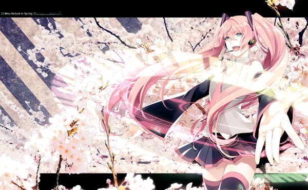 Anime picture 1300x802 with vocaloid hatsune miku sakura miku katase waka long hair open mouth wide image twintails pink hair aqua eyes cherry blossoms spread arms girl skirt detached sleeves miniskirt headphones