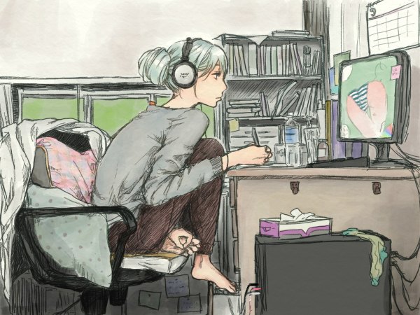 Anime picture 1200x900 with original muraka (ka or i) single long hair sitting profile barefoot aqua hair girl underwear panties water socks window headphones pillow book (books) sweater chair bottle