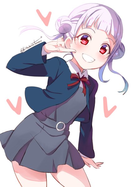 Anime picture 707x1000 with hello!!! love live! sunrise (studio) love live! arashi chisato kitahara tomoe (kitahara koubou) single long hair tall image simple background smile red eyes white background twintails signed looking away silver hair hair bun (hair buns) twitter username grin girl