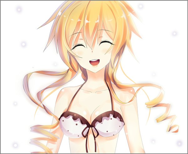 Anime picture 1280x1052 with date a live yamai yuzuru seedkeng single long hair blush breasts open mouth light erotic simple background blonde hair smile white background bare shoulders eyes closed girl swimsuit bikini top