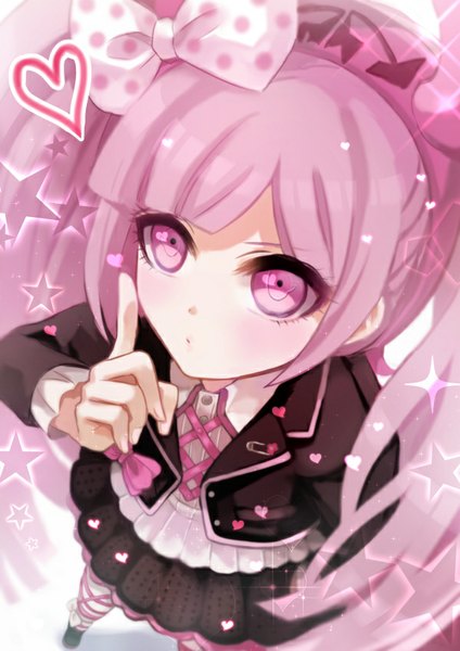 Anime picture 600x849 with dangan ronpa danganronpa another episode: ultra despair girls utsugi kotoko chiko (d04099) single tall image looking at viewer blush fringe twintails pink hair very long hair pink eyes horn (horns) from above finger to mouth girl skirt bow hair bow