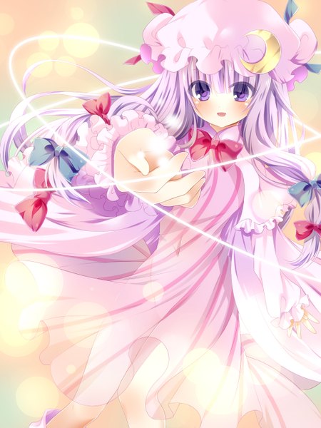 Anime picture 1000x1333 with touhou patchouli knowledge nogi takayoshi single long hair tall image looking at viewer blush purple eyes purple hair girl dress bow hair bow bonnet