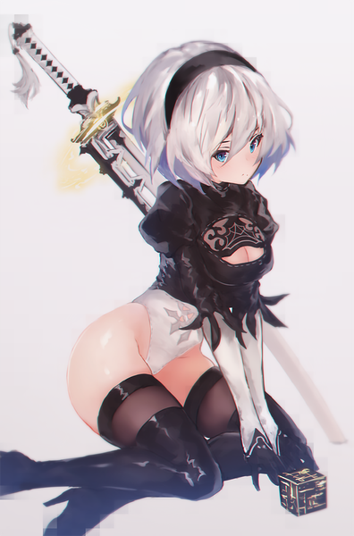 Anime picture 661x1000 with nier nier:automata yorha no. 2 type b rorona s. single tall image fringe short hair breasts blue eyes light erotic simple background hair between eyes white background sitting silver hair mole cleavage cutout mole under mouth girl