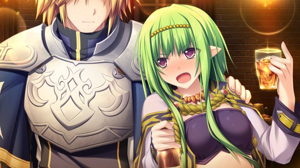 Anime picture 1280x720 with madou koukaku eushully long hair blush short hair open mouth blonde hair wide image purple eyes game cg green hair pointy ears couple drunk girl dress boy armor