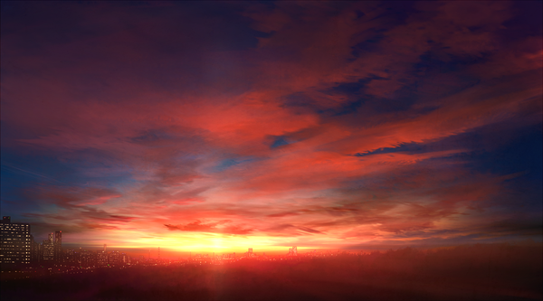Anime picture 1350x750 with original mks wide image sky cloud (clouds) city evening sunset no people landscape scenic