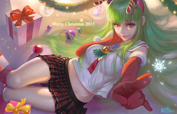 Anime picture 1240x797 with code geass sunrise (studio) c.c. yukitooo single long hair looking at viewer red eyes green hair christmas merry christmas girl skirt gloves miniskirt elbow gloves gift red gloves garland